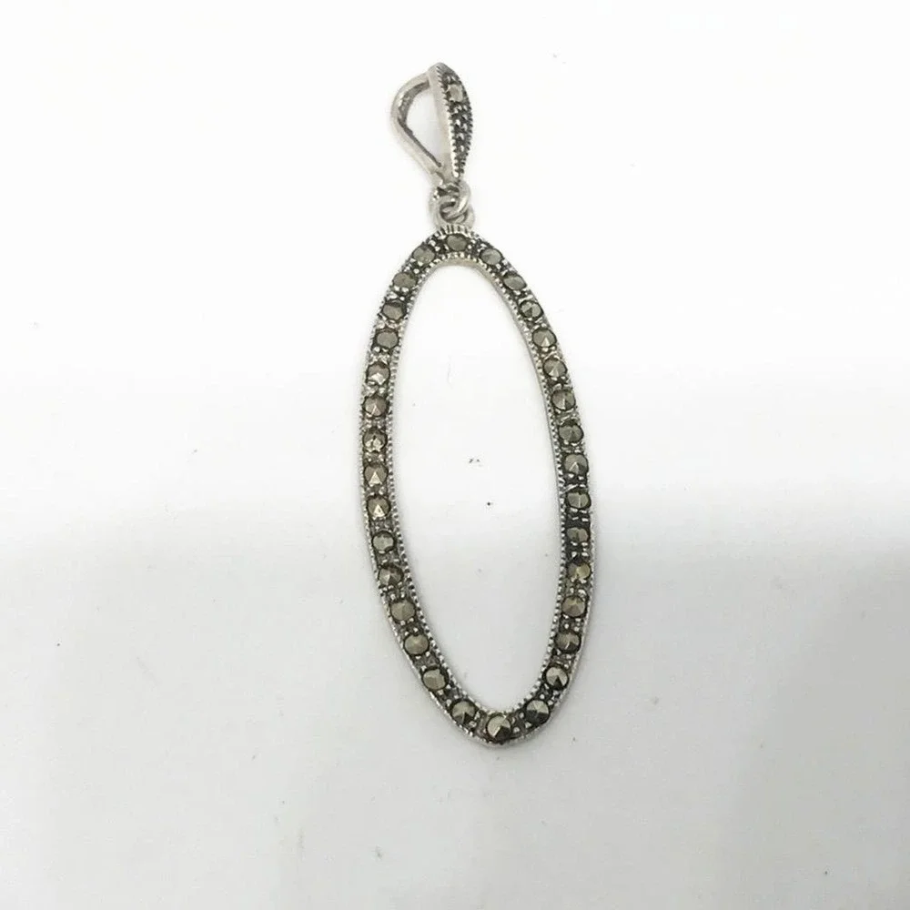 Sterling Silver 925 Marcasite Oval Pendant‎ Vintage Style Elongated Drop